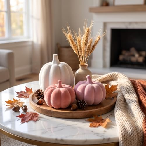 Pink and White Velvet Pumpkin Decor Set - 3 Pcs, Fall Home Accent with Resin Variations