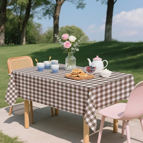 4 Pack Disposable Gingham Tablecloths - Brown & White Checkered 54x108 Inches for Parties