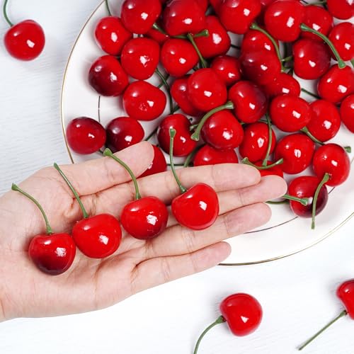 Artificial Fake Cherries - Realistic Plastic Faux Fruit Decoration, 60 pcs