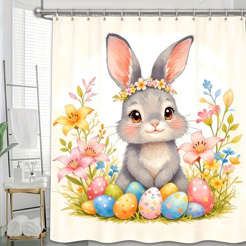 Multicolor Easter Shower Curtain Set - 72x72 Inch Waterproof Bunny & Flowers Bathroom Decor