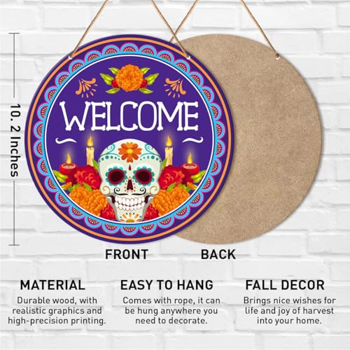 Day of The Dead Welcome Sign Decor - Mexican Sugar Skull Hanging Sign for Home & Front Door