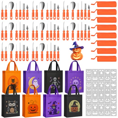 Halloween Pumpkin Carving Kit 8-Person Set with Tools Templates + Tote Bag (Variation of 160/Mixed Style)