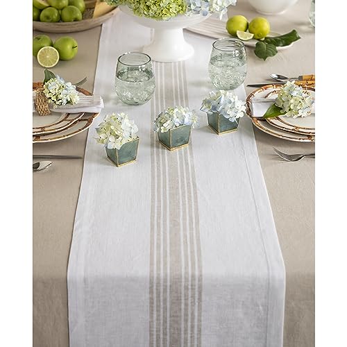 Solino Home 100% Linen Table Runner - Natural & White Stripe, 14 x 132 inches