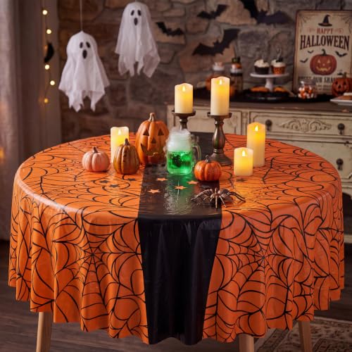 Preboun 6 Pcs Orange & Black Spider Web Round Tablecloth 84" - Halloween Party Decor