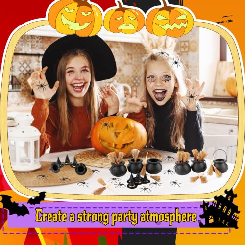 Halloween Mini Witch Cauldron Set with Brooms, Hats, Spiders for Decorations