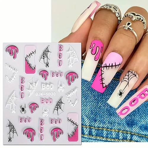 Halloween Nail Art Stickers Decals N3 Pink Skull Spider Web 6 Sheets