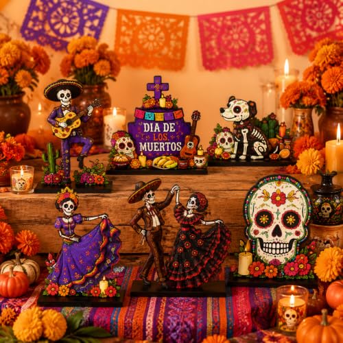 6 Pcs Day of the Dead Wooden Centerpieces - Sugar Skull Table Decor