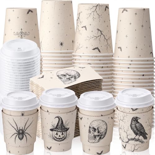 Halloween Disposable Coffee Cups with Lids and Sleeves - 8 oz Pack of 100
