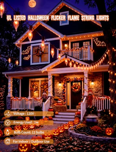Vintage Rustic Halloween Flickering Flame String Lights - 25FT, Spooky Orange Bulbs