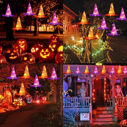 FUNPENY Halloween Hanging Witch Hat String Lights - Purple & Orange 2 Pack Waterproof Indoor Outdoor Decorations