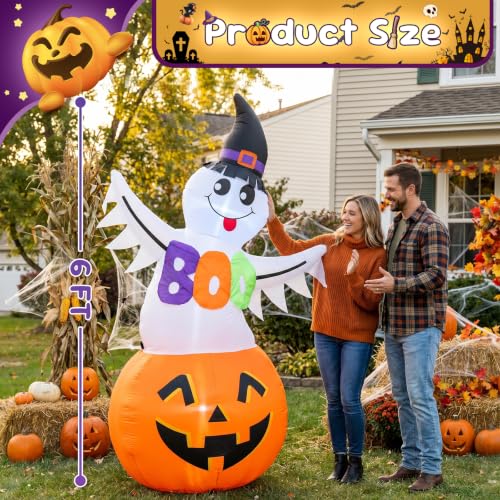 Halloween Inflatable Ghost Pumpkin with Witch Hat & Boo Sign - 6 FT - Kid-Friendly Yard Decor - Variation: Ghost Pumpkin