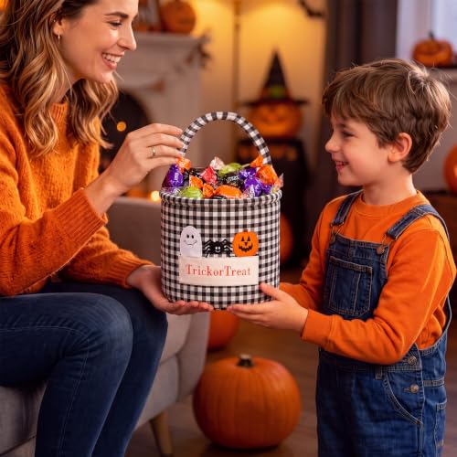 Halloween Trick or Treat Candy Basket - Black White Gingham Variation