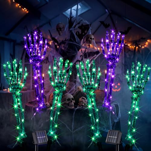 Halloween Skeleton Arm Stakes with LED Lights - Purple & Green, 36x27.5cm