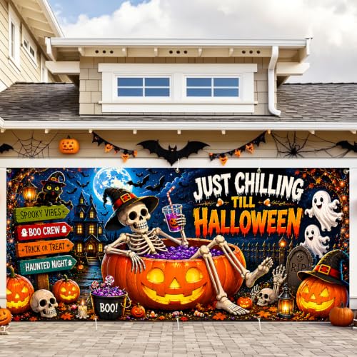 Halloween Garage Door Banner 7x16ft - Just Chilling Till Halloween Outdoor Decor - Ghost & Skeleton Pumpkin Double Garage Cover - Variation 255