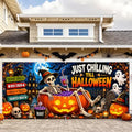 Halloween Garage Door Banner 7x16ft - Just Chilling Till Halloween Outdoor Decor - Ghost & Skeleton Pumpkin Double Garage Cover - Variation 255