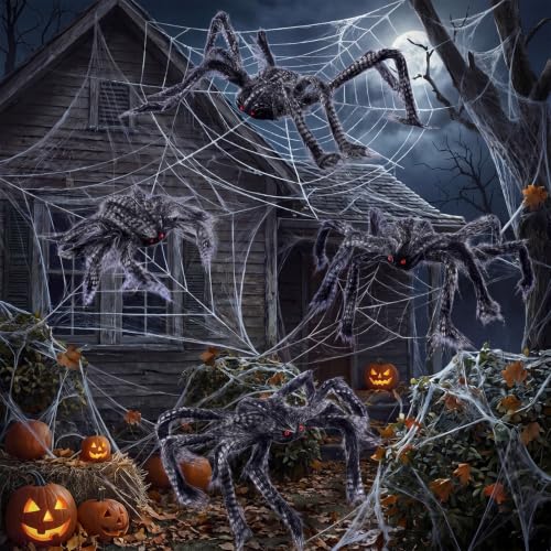 Halloween Spider Decorations Set - Black & White, 4 Pcs with Various Sizes - Creepy Indoor & Outdoor Decor