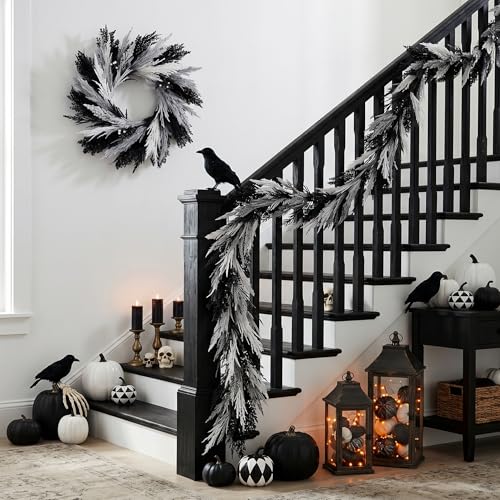 Black and White Halloween Pampas Garland with Lights - 6 Ft DecorbyHannah