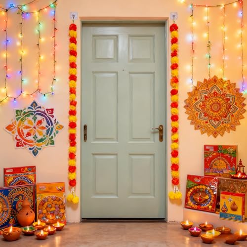 Artificial Marigold Garlands for Diwali & Festival Decorations - 2 Pack 4.9ft Long Flower Strands