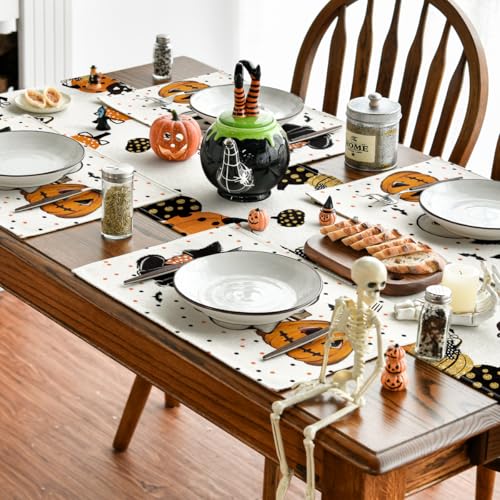 Artoid Mode Beige Cat Ghost Halloween Placemats Set of 4 - 12 x 18 Inch Rectangular