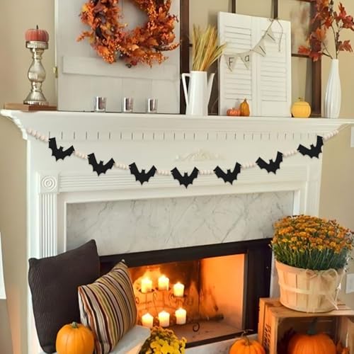Halloween Felt Bat Garland with Wooden Beads - Indoor Holiday Decor