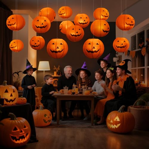 Floating Jack-O-Lantern Decor Set - 12pcs 10in Halloween Lanterns with LED Tea Lights & Remote - Variation: Jack-O-Lantern