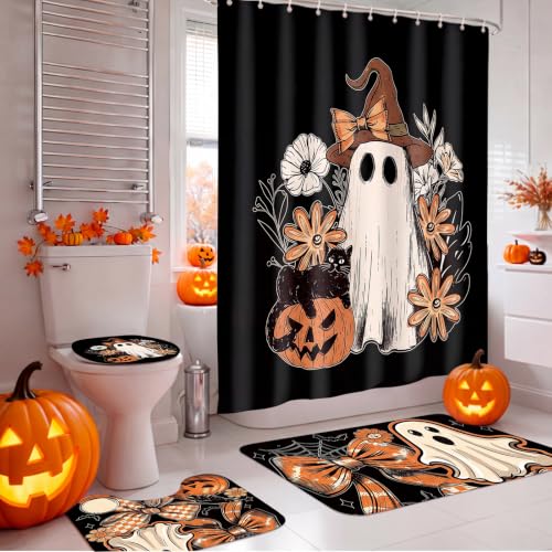 Halloween Ghost Shower Curtain Set with Witch Hat - 71x71 Inch Bathroom Decor - Ghost Pumpkin