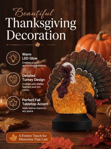 Thanksgiving Turkey Snow Globe Lantern - Fall Decor with Swirling Glitter & Timer - Lighted Halloween Tabletop Decoration - Battery & USB Powered - Thanksgiving Turkey Variation