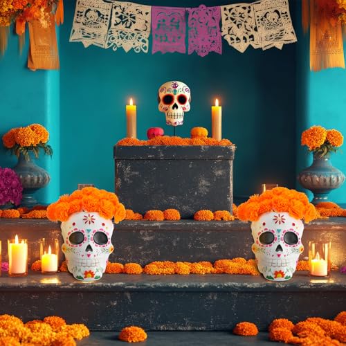 Day of the Dead Sugar Skull Centerpiece with 20 Marigolds - Halloween Home Decor