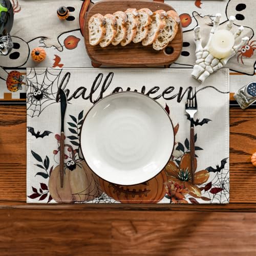 Set of 4 Halloween Spider Web Ghost Placemats 12x18 Inches - Vibrant Decor