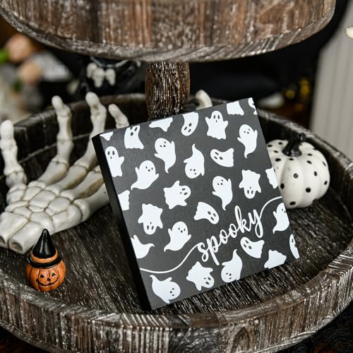 Halloween Wooden Box Decor - Ghost Spooky Faux Books for Indoor Table Display
