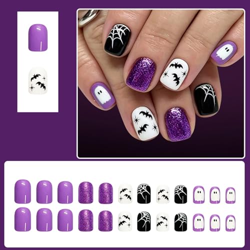 Halloween Short Square Press On Nails with Ghost Bat Glitter - Variation Halloween06