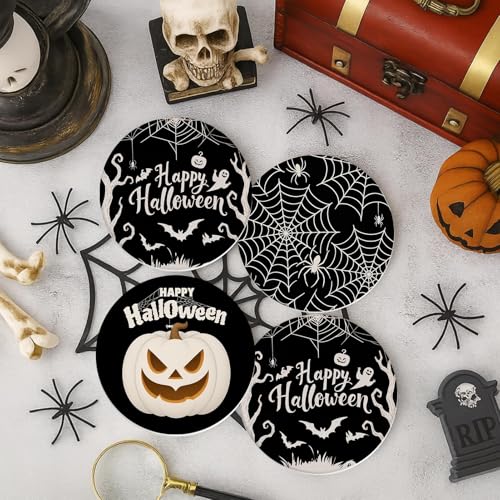Halloween Coasters for Drinks Set of 6 Ceramic Stone with Cork Bottom & Holder - Black Variation