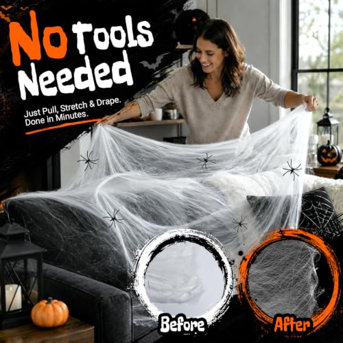 Halloween Spider Web Decorations Set with 120 Fake Spiders - 1400 sq ft