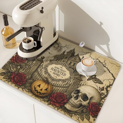 Ghost Skull Halloween Dish Drying Mat - 18x24 Inch Absorbent Microfiber Kitchen Mat