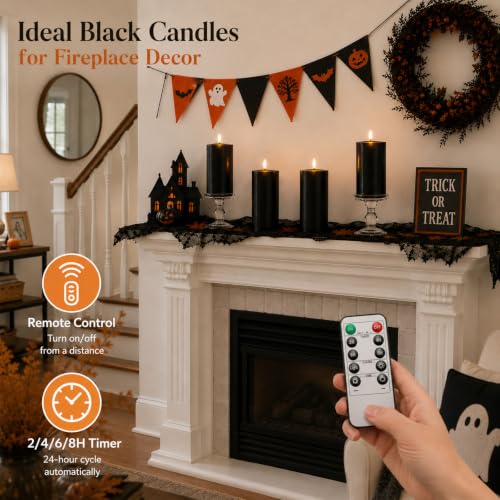 Black Real Wax Flameless Candles with Remote Control - 4 Pack, Halloween Decor