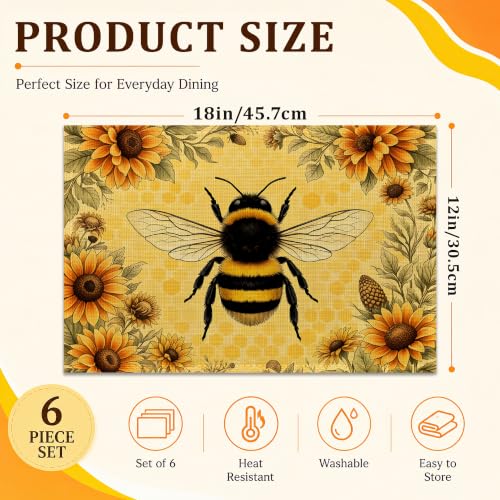 Farmhouse Bee Floral Linen Placemats Set of 6 - Waterproof Washable Table Mats
