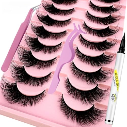 Dramatic 3D Mink False Eyelashes - Wispy Cat Eye Style, Black + Eyeliner & Tools