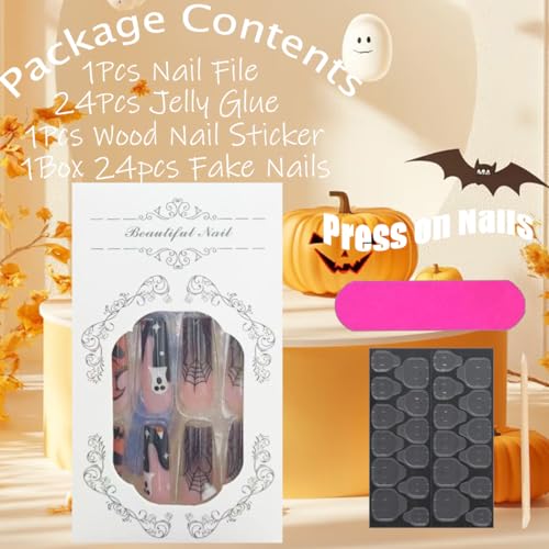 Gothic Ghost Press On Nails Long Coffin Fake Nails Halloween Manicure Set - Variation Gothic Ghost-13
