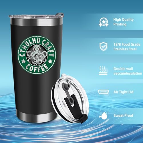 Black 20oz Cthulhu Octopus Stainless Steel Tumbler with Lid - Unique Design