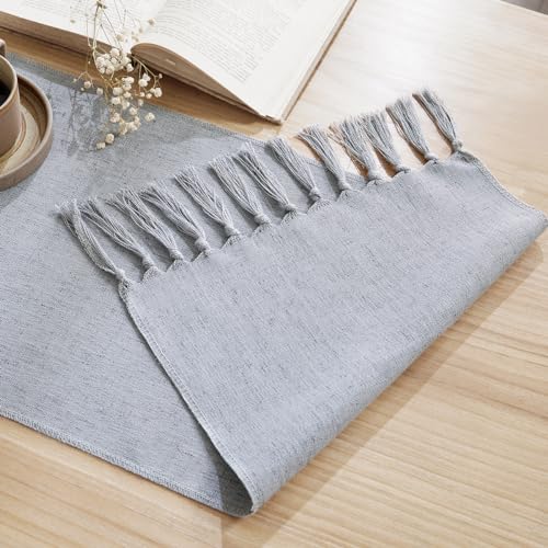 Cotton Linen Table Runner 13x90 Inch Silver Grey with Hand Tassels - Farmhouse Decor