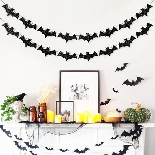 Black Glitter Bat Garland Banner for Halloween Party Decorations - Variation: Glitter-Black