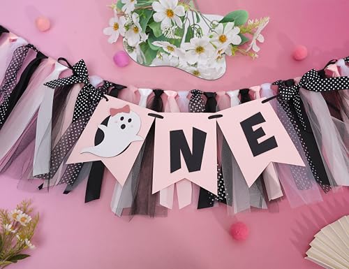 Pink and Black Halloween First Year Birthday Highchair Banner with Ghost Theme and Bows