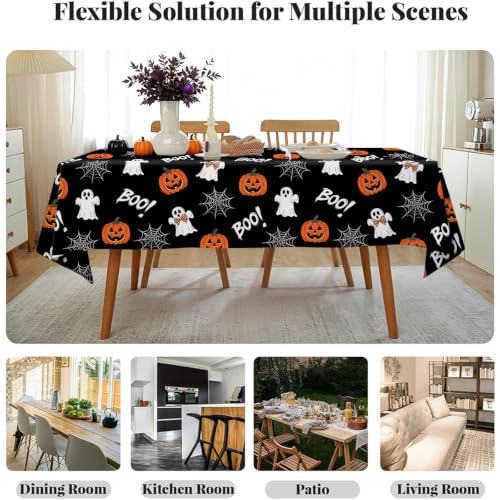 Halloween Tablecloth 60x84 Inch Rectangular - Black Ghosts & Pumpkins, Durable Polyester