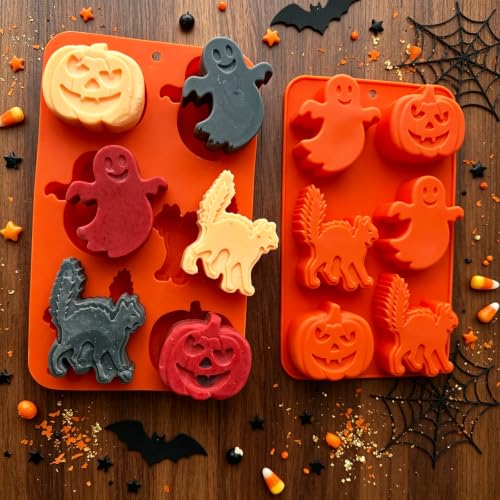 Halloween Silicone Mold Set with Ghost Pumpkin Black Cat - 6 Cavities, Food-Grade, Reusable