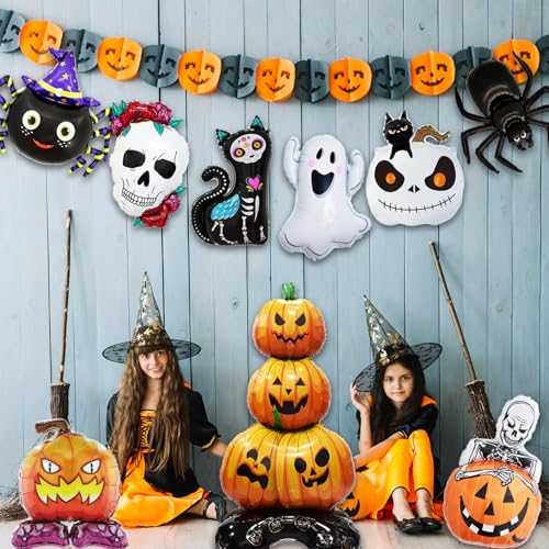 Halloween Foil Balloons Set - 9pcs Ghost, Pumpkin, Spider, Skeleton, Black Cat Party Decorations