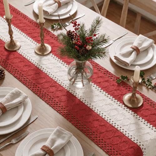 Farmhouse Woven Table Runner 12x108 Inch Rose Red - Artoid Mode