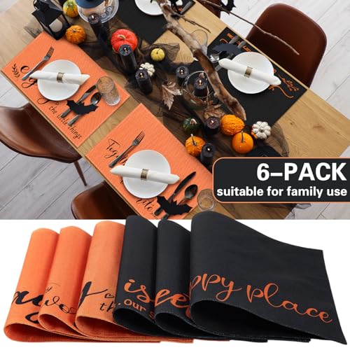 Fall Placemats Set of 6 with Sayings - Orange & Black Farmhouse Style - Classic Design