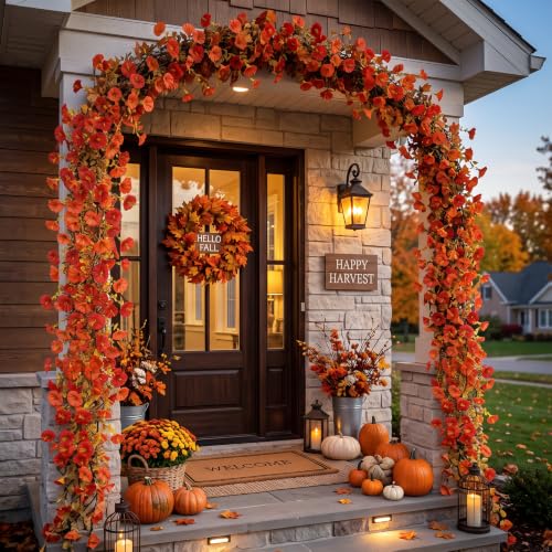 Fall Flower Garland - Artificial Autumn Vine with Orange Red Blooms 6 Pack