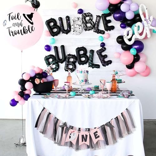 Pink and Black Halloween First Year Birthday Highchair Banner with Ghost Theme and Bows
