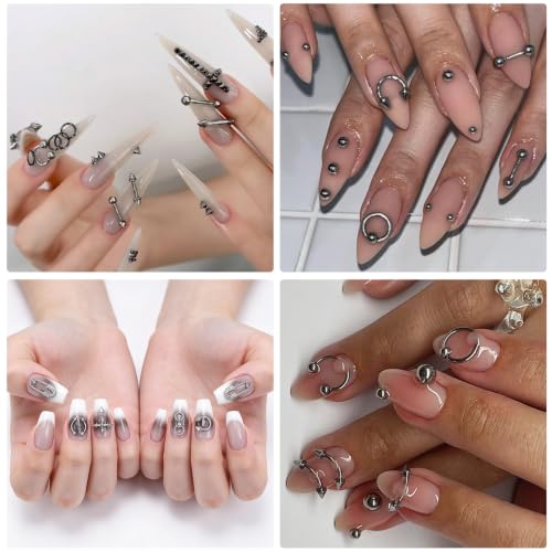 Punk Series Goth Nail Charms Set - Silver & Black Metal Nail Studs, 300+ Pieces
